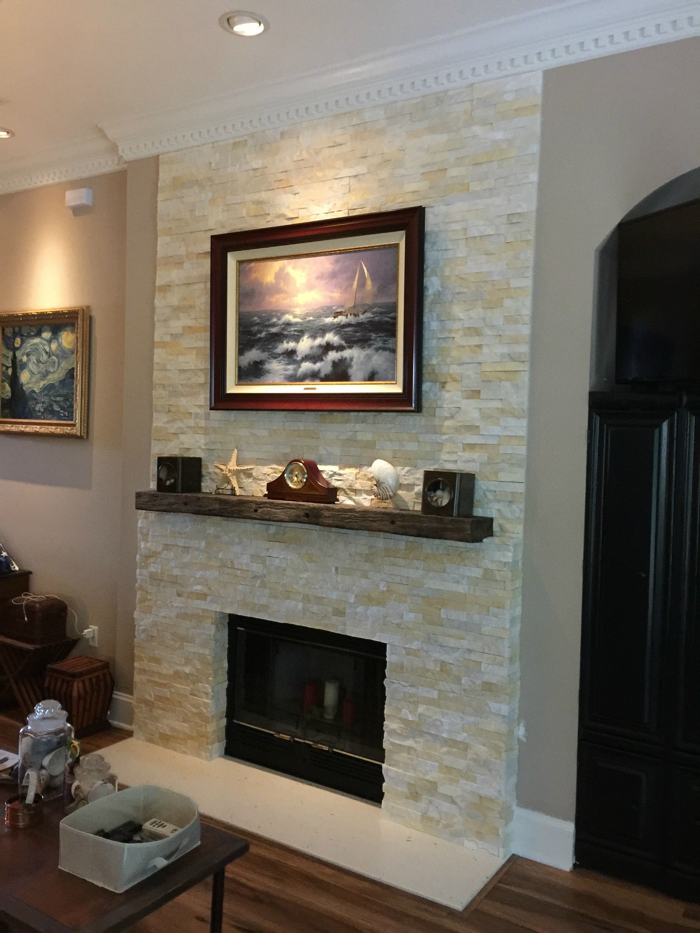 Norstone Natural End Stone Veneer Panels in Ivory color used on a residential fireplace remodel project